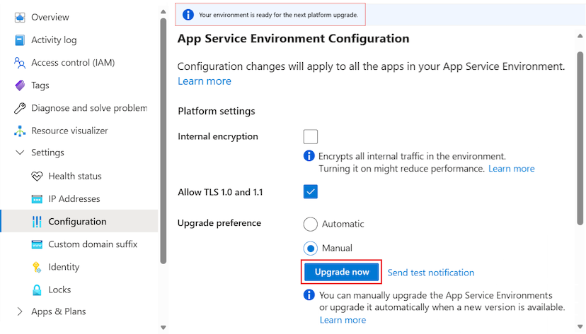 Screenshot that shows how to start the upgrade process for an App Service Environment in the Azure portal.