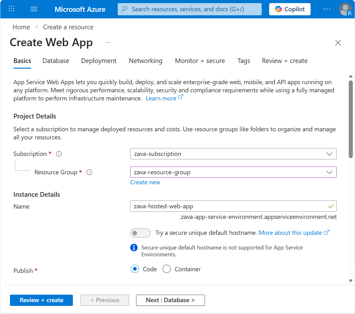 Screenshot that shows how to create a web app in an App Service Environment in the Azure portal.