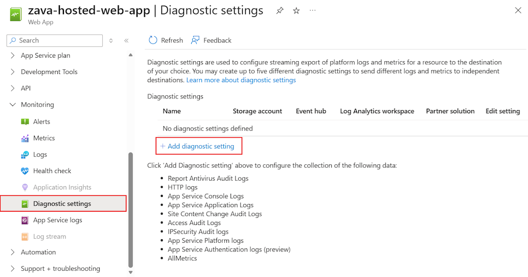 Screenshot that shows how to select 'Add diagnostic setting' for an App Service Environment in the Azure portal.