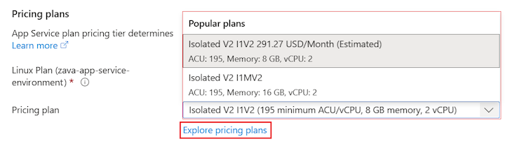 Screenshot that shows how to select the pricing tier for the App Service plan in the Azure portal.