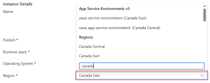 Screenshot that shows how to select an App Service Environment as the app region with a filter for items matching 'Canada'.