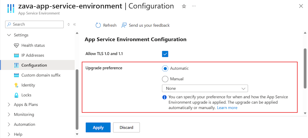 Screenshot that shows how to set the upgrade preference for an App Service Environment in the Azure portal.