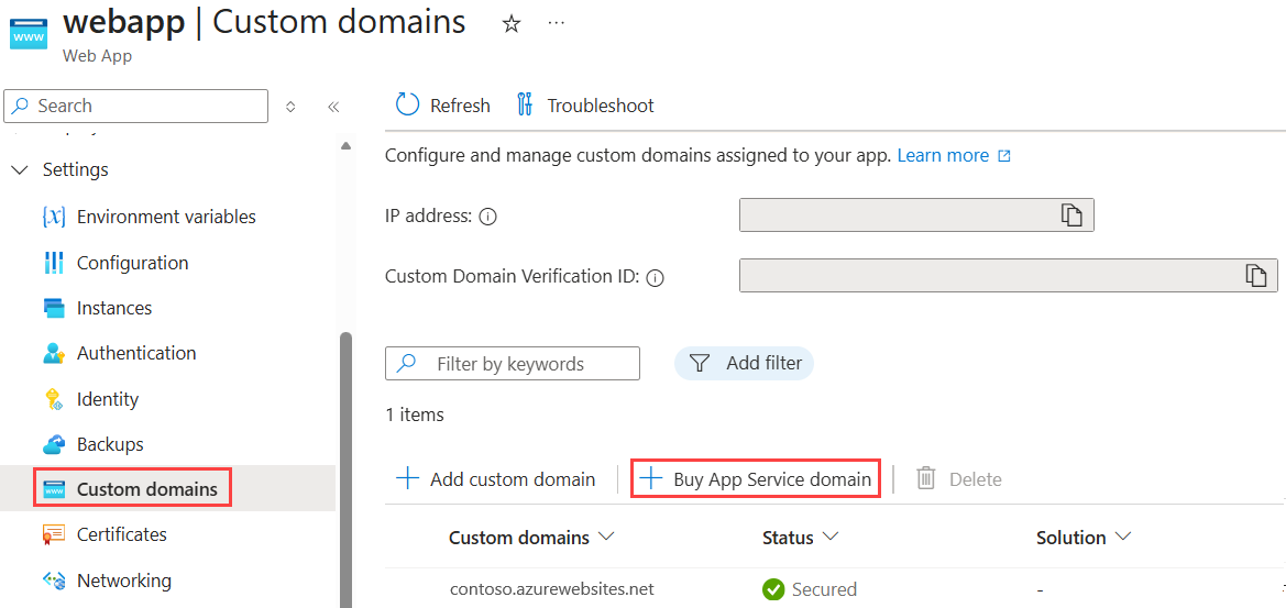 Screenshot showing how to open the App Service domain wizard.