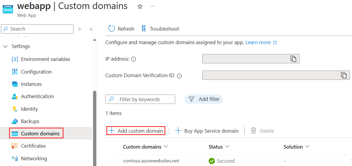 Screenshot showing how to open the Add custom domain dialog.