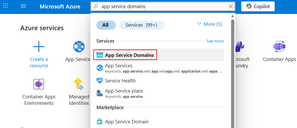 Screenshot showing how to open the App Service domain view.