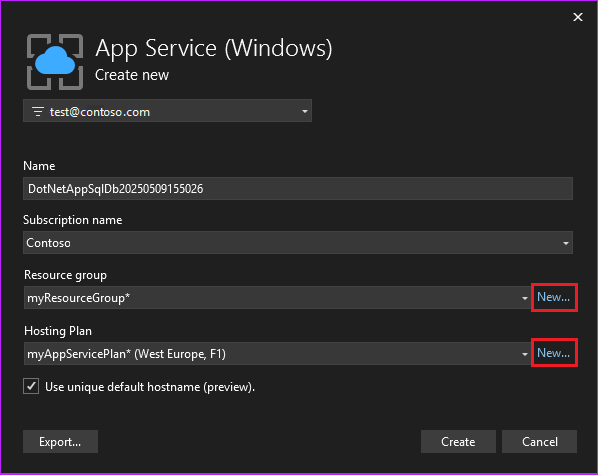 Screenshot that shows configuring the App Service (Windows) with name, resource group, and hosting plan settings.