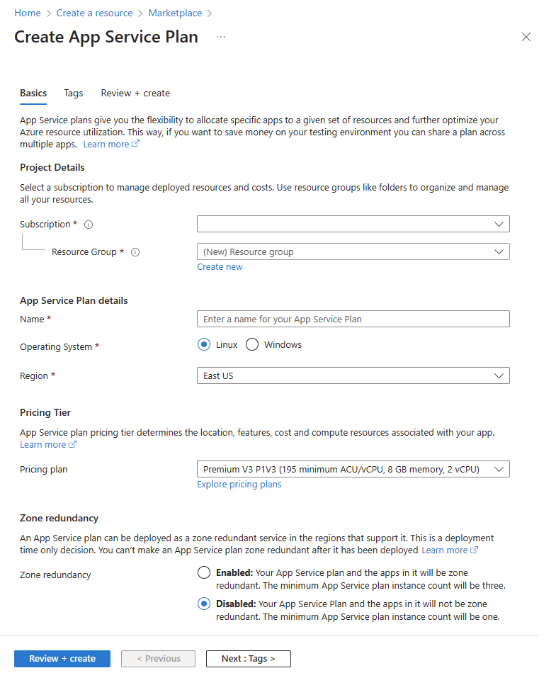 Screenshot that shows the Create App Service Plan page in the Azure portal.