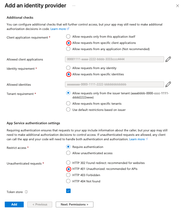 Screenshot showing the configuration of a new Microsoft authentication provider in the App Service.