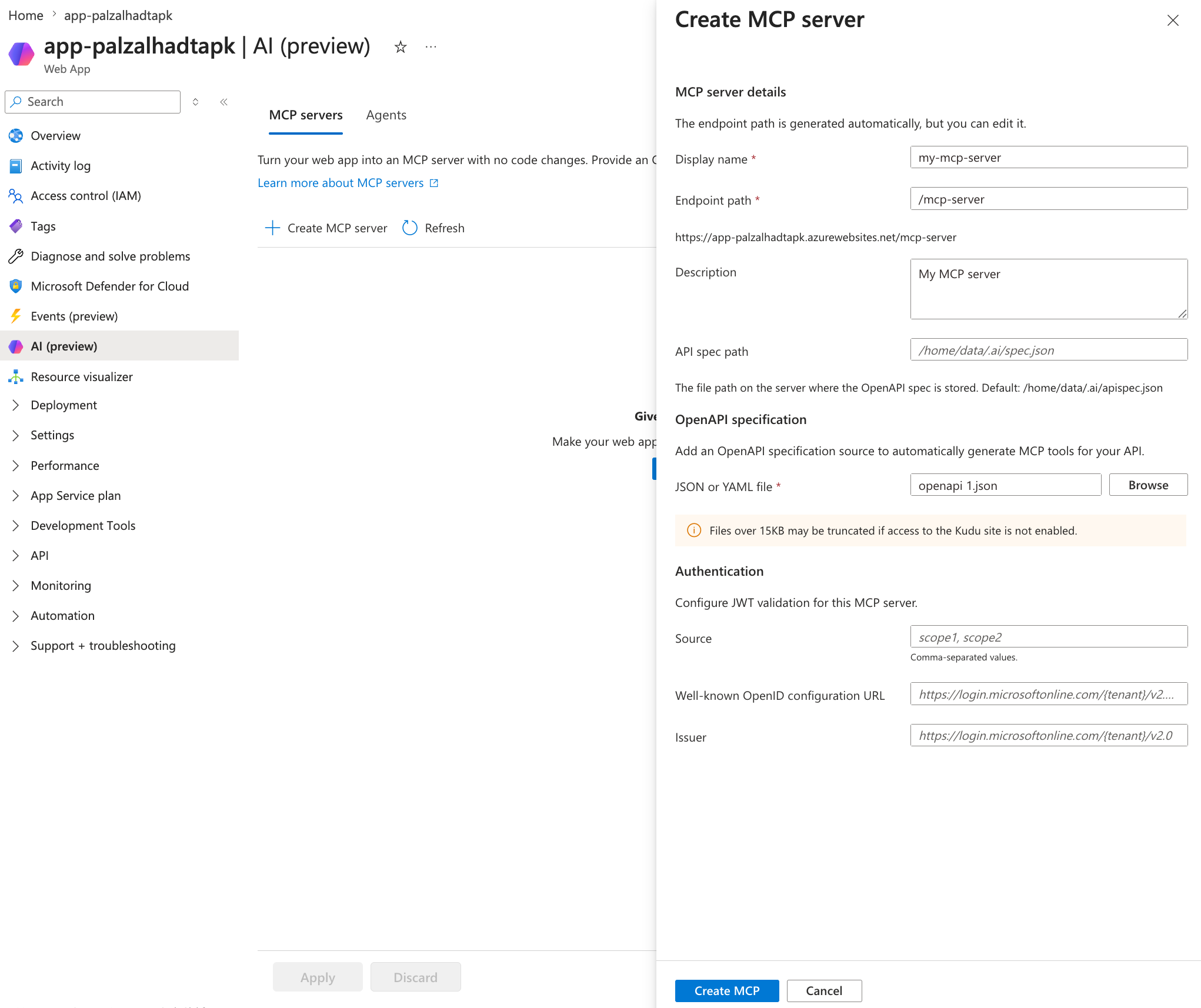 Screenshot of the AI (Preview) blade in the Azure portal showing the MCP servers tab with the Add MCP server panel open.