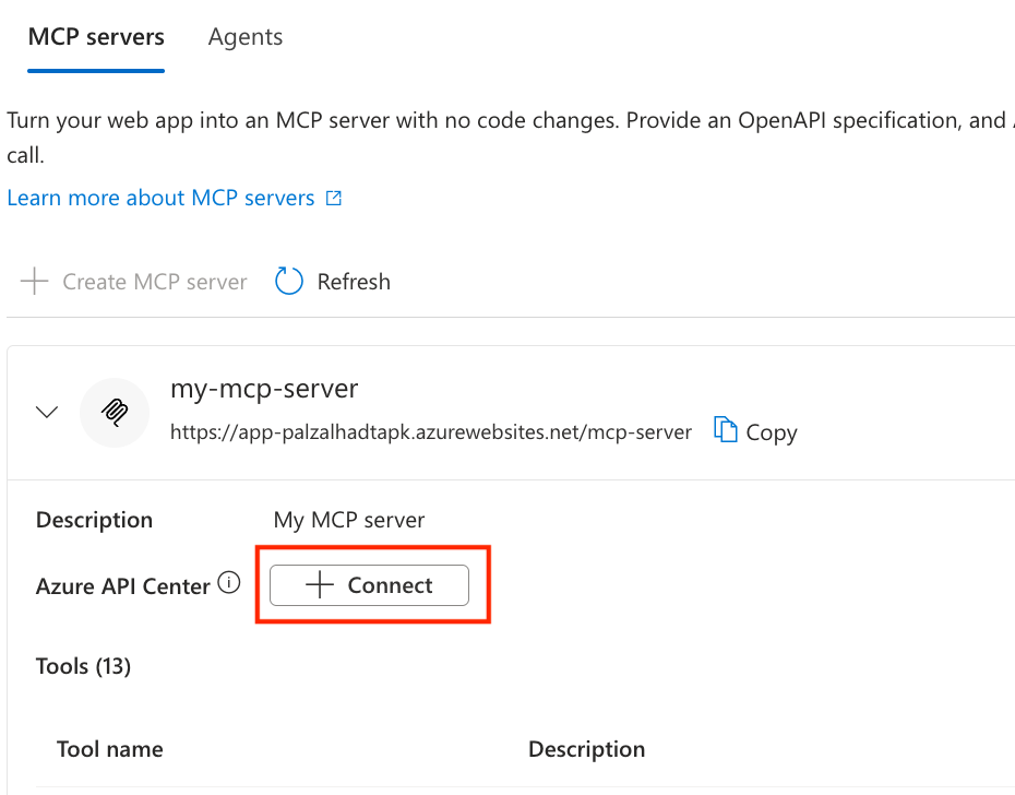 Screenshot of the MCP server detail showing the Azure API Center Connect button.