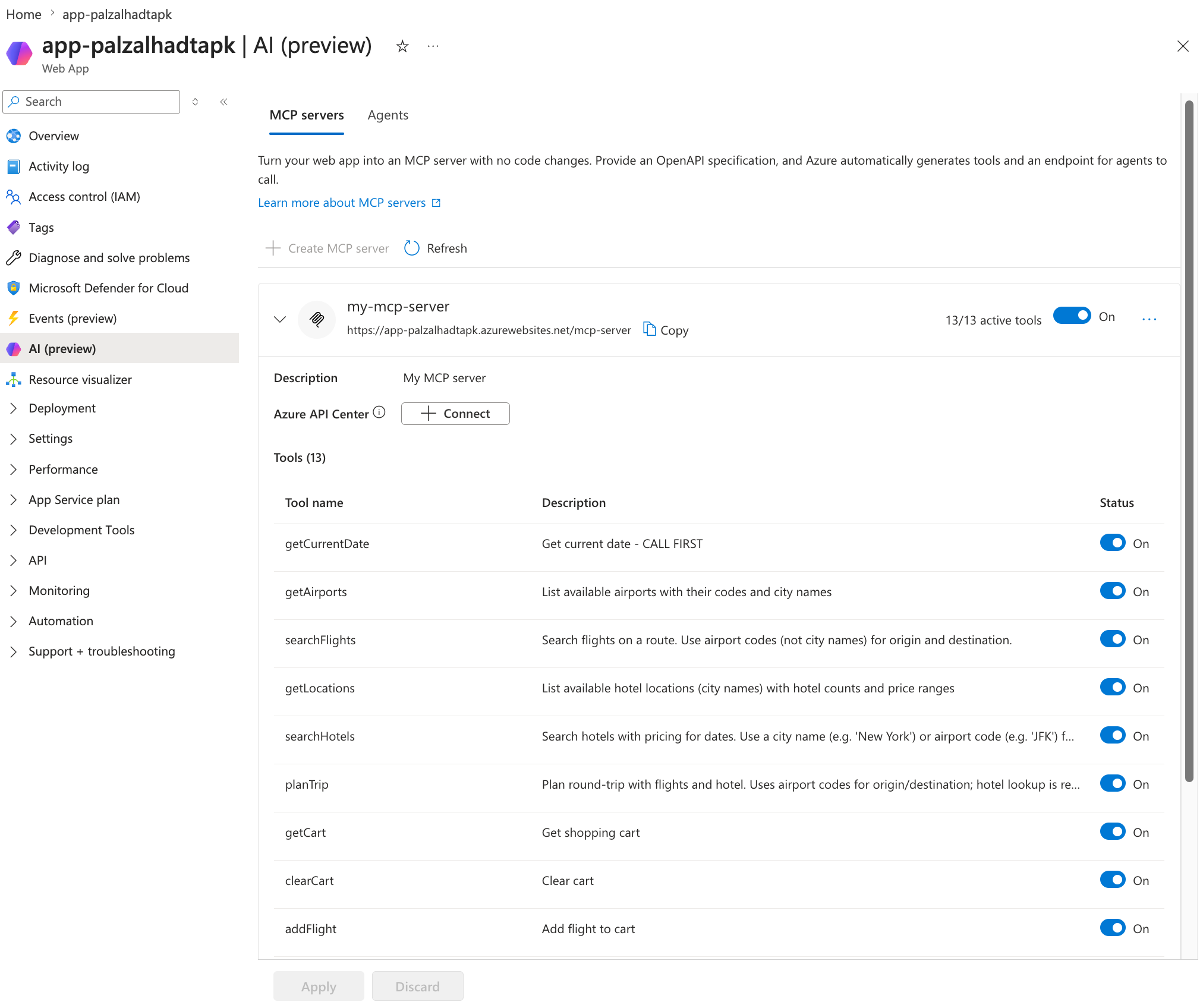 Screenshot of the MCP server expanded view showing the tool list with individual tool toggles.