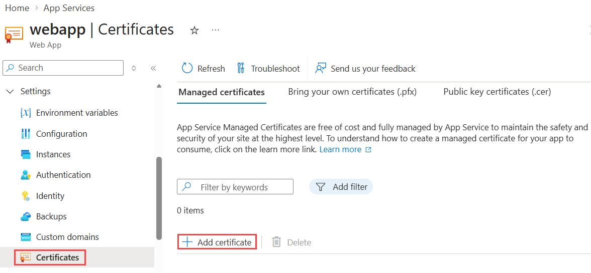 Screenshot that shows the app pane with Certificates, Managed certificates, and Add certificate selected.
