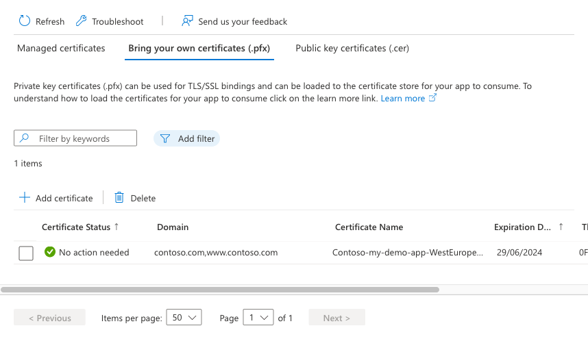 Screenshot that shows the Bring your own certificates pane with the purchased certificate listed.