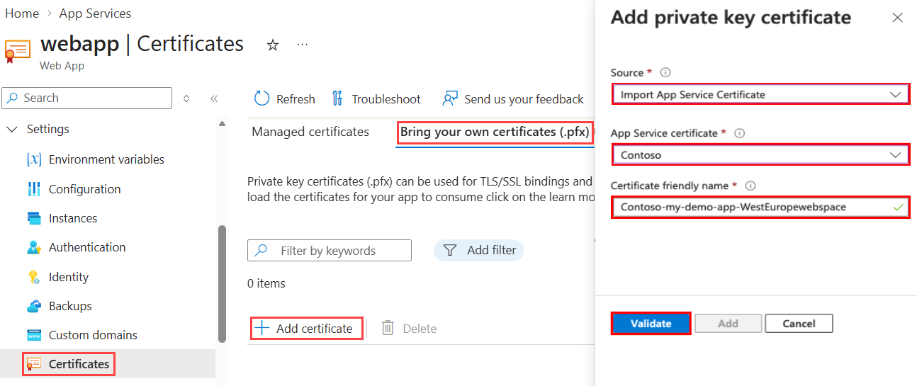 Screenshot that shows the app management page with Certificates, Bring your own certificates, and Import App Service certificate selected.
