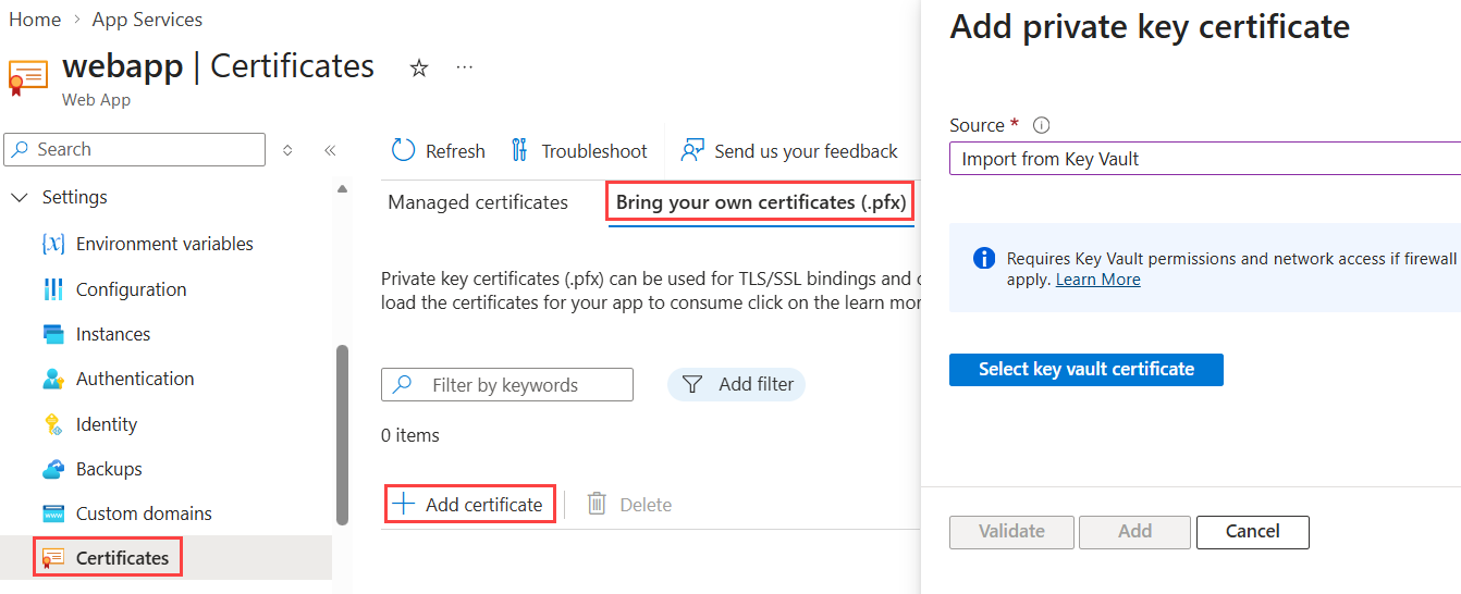 Screenshot that shows the app management page with Certificates, Bring your own certificates, and Import from Key Vault selected.