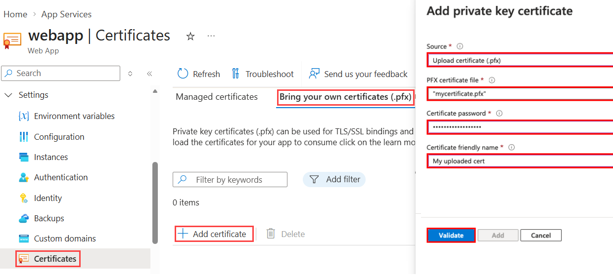 Screenshot that shows the app management page with Certificates, Bring your own certificates, and Add certificate selected.