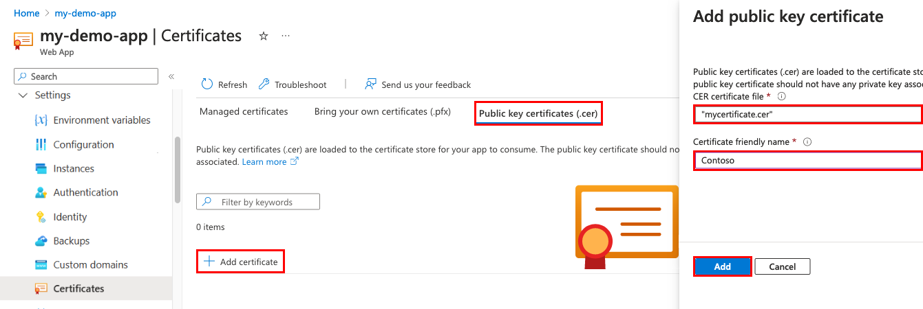 Screenshot that shows the app management page. It shows the public key certificate to upload and its name.
