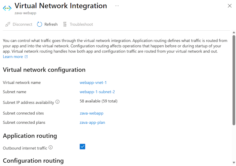 Screenshot of the virtual network integration to an app in the Azure portal.