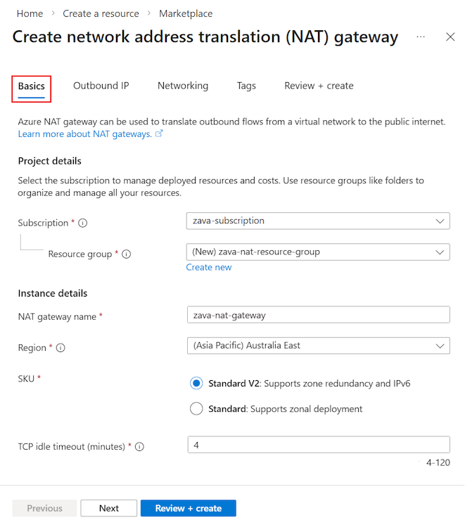 Screenshot of the Basics tab for creating a NAT gateway in the Azure portal.
