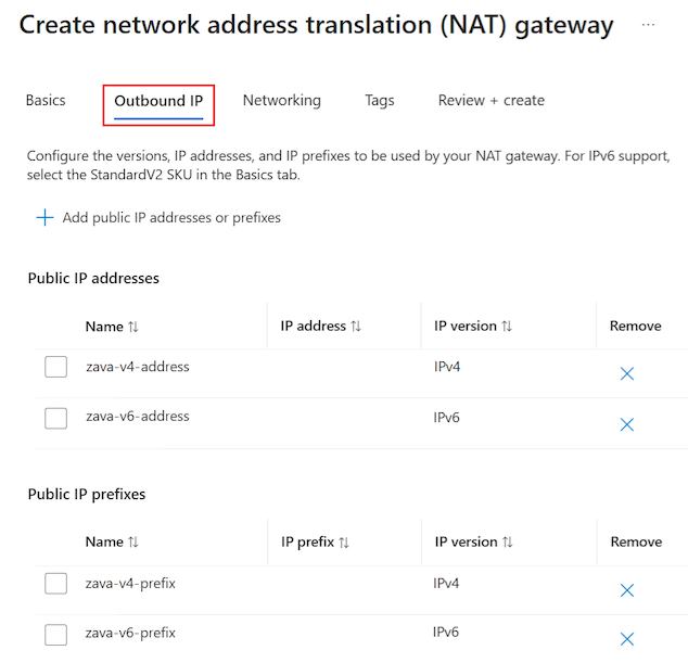 Screenshot of the Outbound IP tab for creating a NAT gateway in the Azure portal.