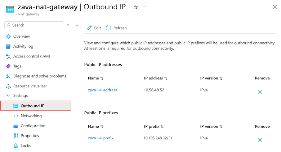 Screenshot of the Outbound IP pane for a NAT gateway in the Azure portal.