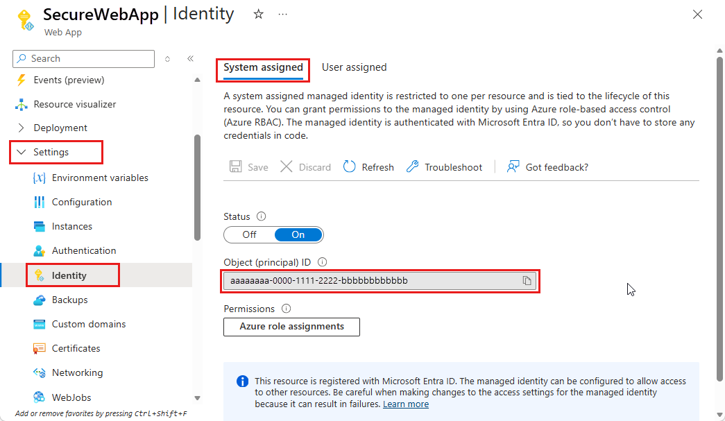 Screenshot that shows the System assigned identity option.