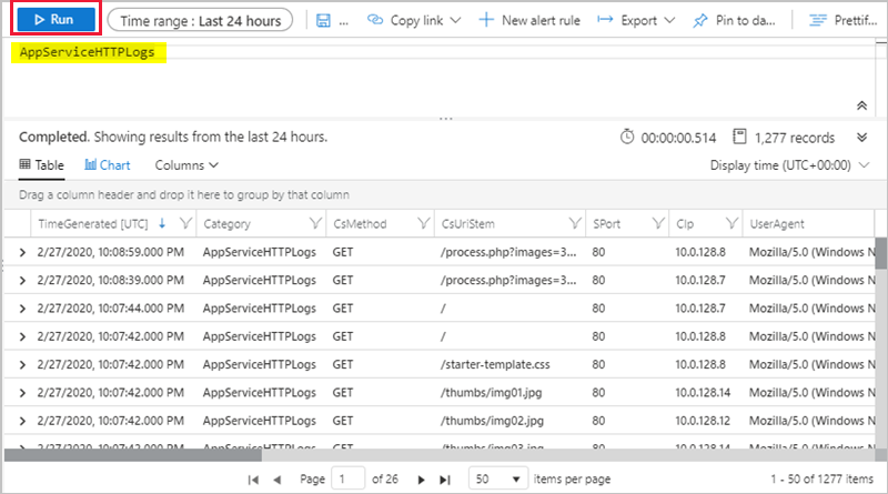 Screenshot showing log analytics workspace HTTP logs.
