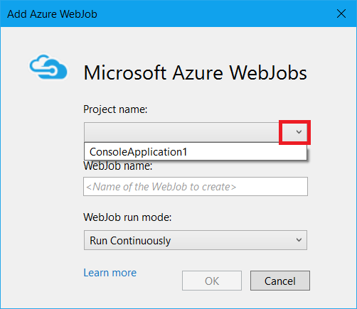 Screenshot showing how to select a project in the Add Azure WebJob dialog box.