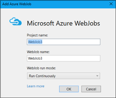 Screenshot of the Add Azure WebJob dialog box.