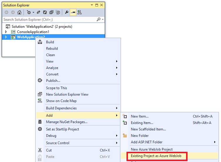 Screenshot showing how to add an existing project as an Azure WebJob.