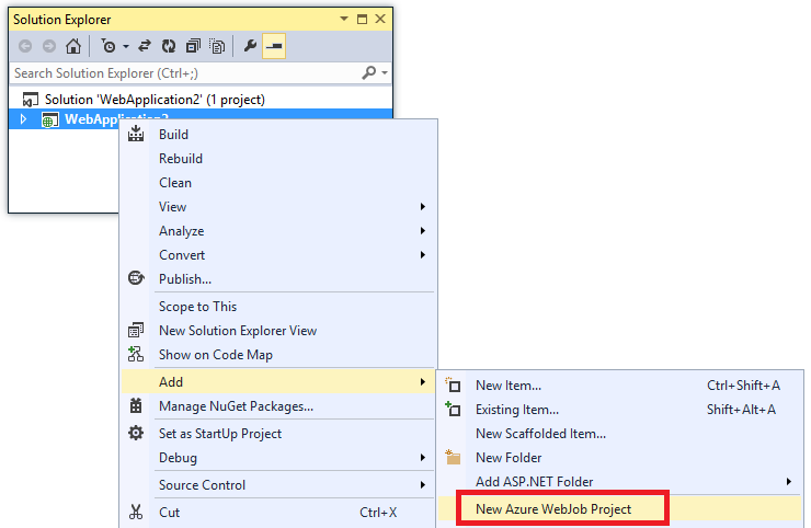 Screenshot showing how to add a new Azure WebJob project.