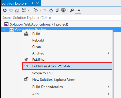 Screenshot showing how to select Publish as Azure WebJob in the Solution Explorer.