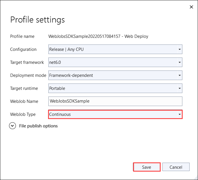 Screenshot showing the Publish Settings dialog box for a WebJob.