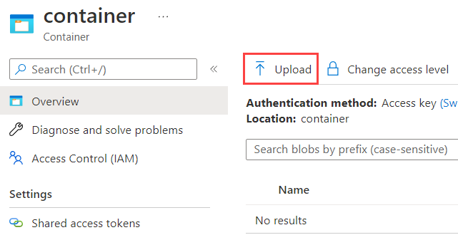 Screenshot highlighting the Upload button on the blob container screen.