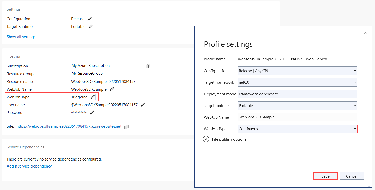 Screenshoit showing how to change the WebJob type from the Visual Studio 2022 Publish window.