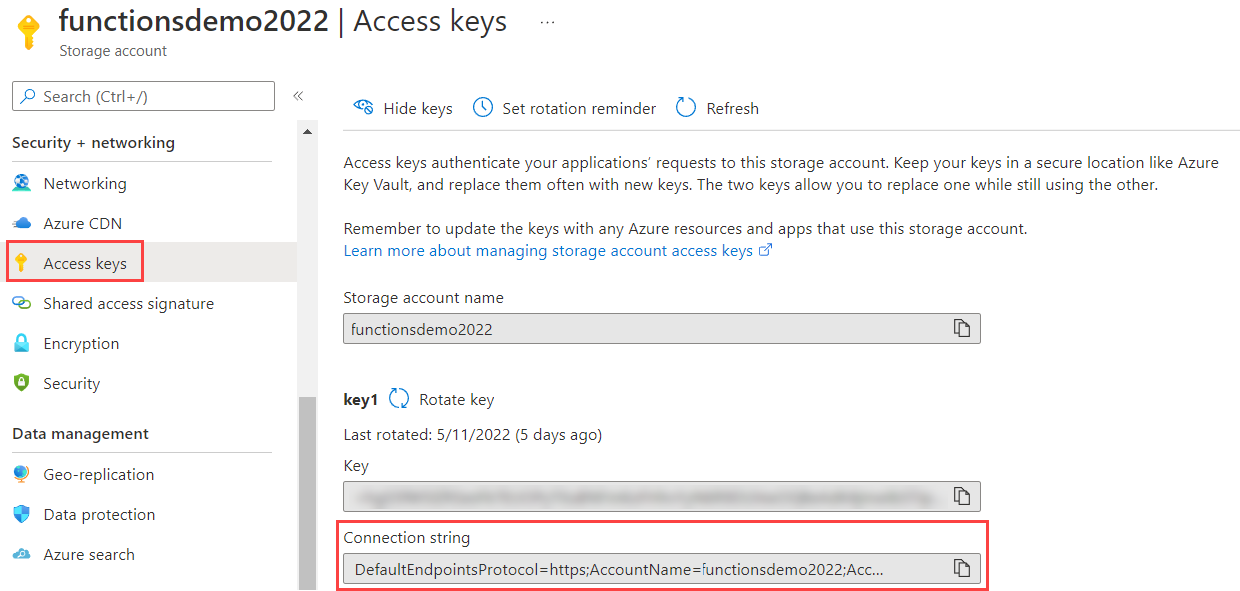 Screenshot of the Access keys dialog showing how to locate and copy the connection string.