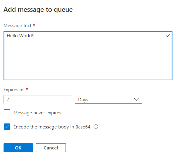 Screenshot of the Add message to queue dialog showing the text 'Hello World!' added as message text.