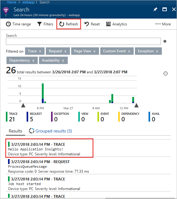 Screenshot showing how to display and refresh your logs in Application Insights.