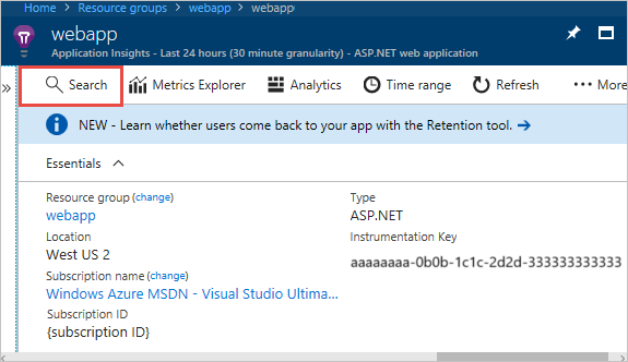 Screenshot showing how to search and display Application Insights data.
