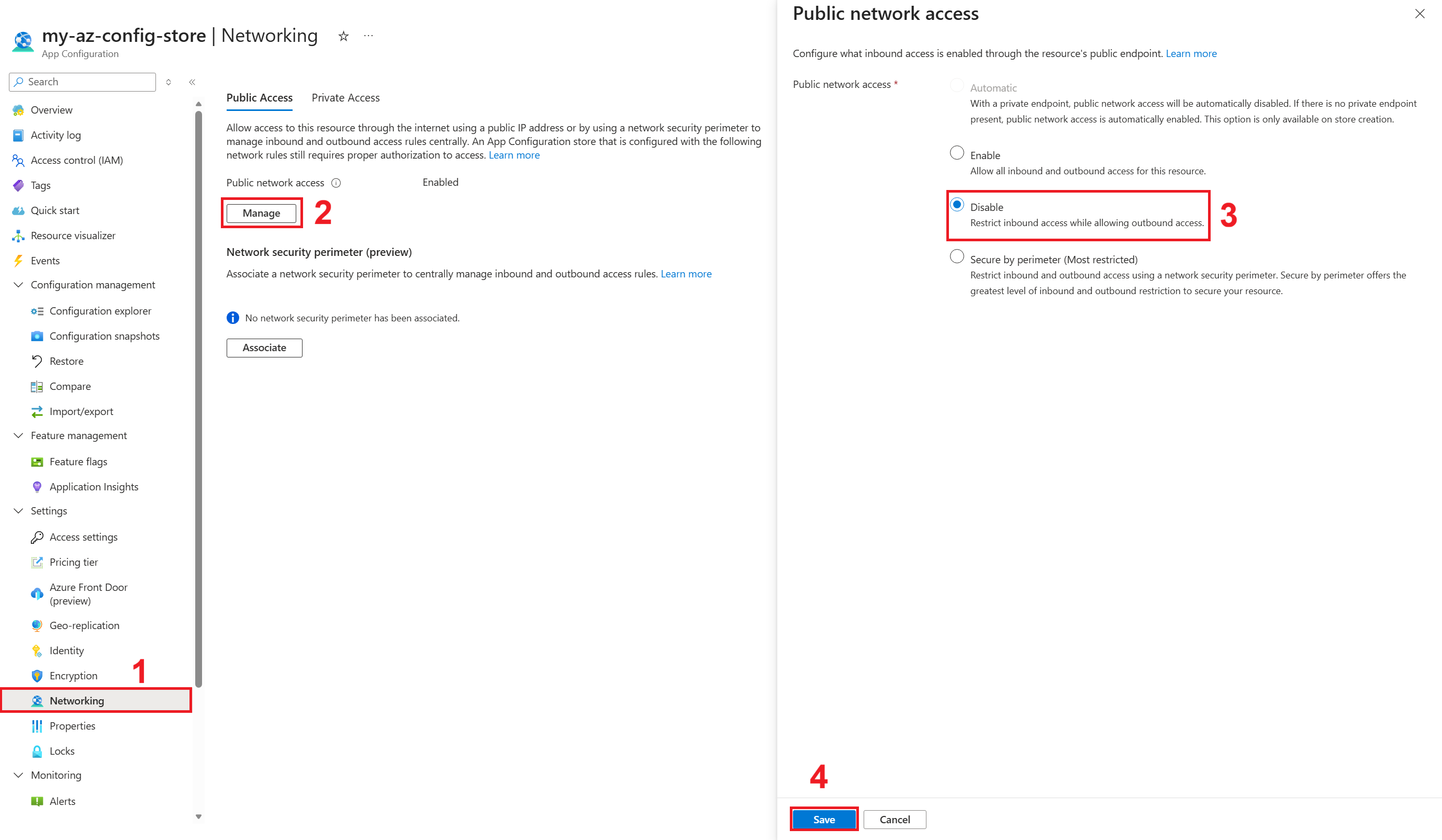 Screenshot of the Azure portal disabling public access.