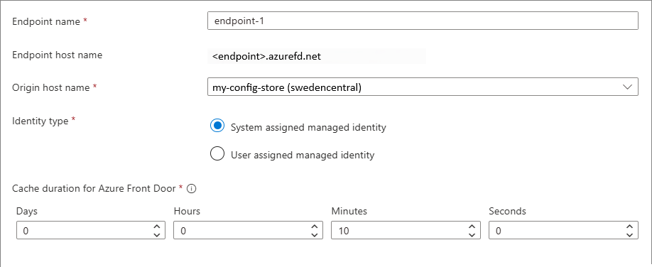 Screenshot showing  Azure Front Door endpoint details in the App Configuration store.