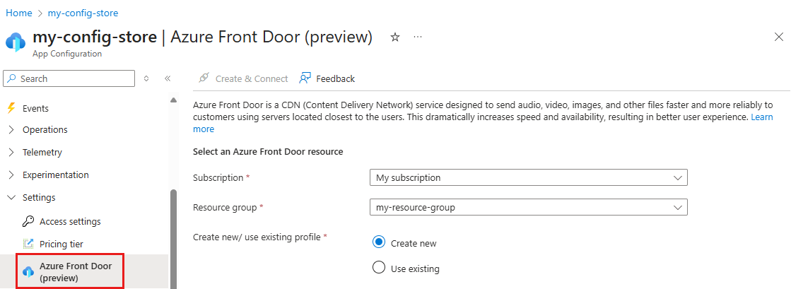 Screenshot showing  Azure Front Door resource selection in the App Configuration store.