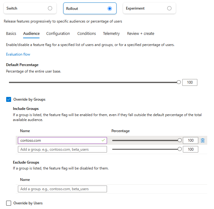 Screenshot of the Azure portal that shows the Create feature flag feature - Rollout option's Audience tab.