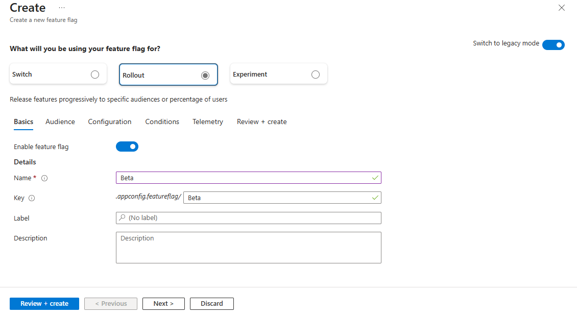 Screenshot of the Azure portal that shows the Create feature flag feature - Rollout option.