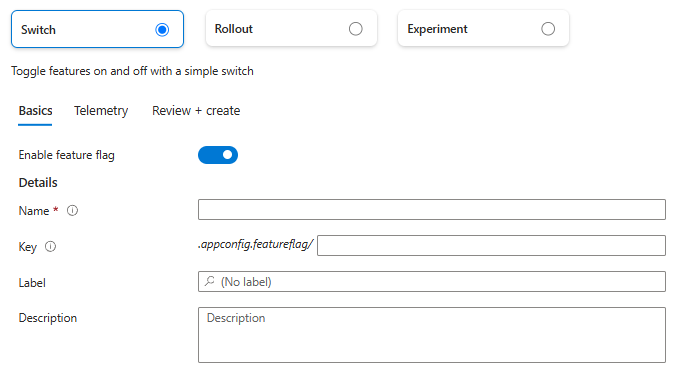 Screenshot of the Azure portal that shows the Create feature flag feature - Switch option's Basics tab.