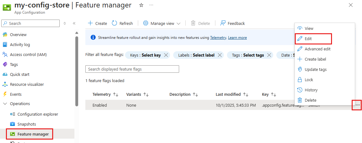 Screenshot of the Azure platform. Edit a feature flag.