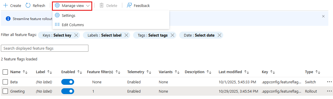 Screenshot of the Azure platform. Manage feature flags view.