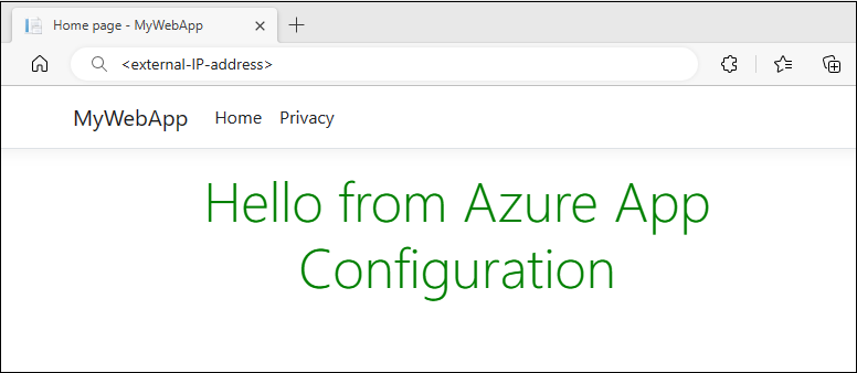 Screenshot of a browser that shows the webpage of an app. The page contains green text stating Hello from Azure App Configuration.