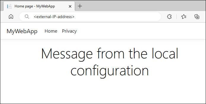 Screenshot of a browser that shows the webpage of an app. The page contains text stating Message from the local configuration.