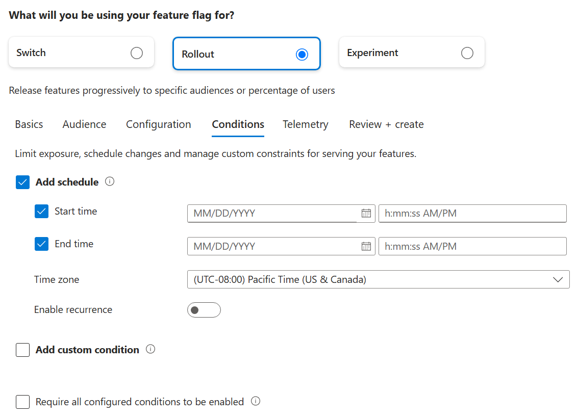 Screenshot of the Azure portal Edit feature flag dialog with Rollout selected, showing the Conditions tab with Add schedule selected, including Start time, End time, and Time zone fields.